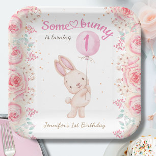 Plato De Papel ¡Un conejo es UNO! Chica Rosado Primer Cumpleaños