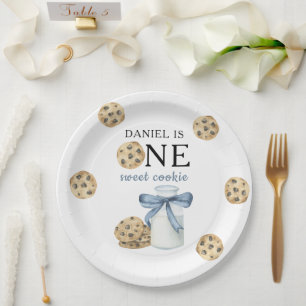 Plato De Papel Un Dulce Cookie y Leche Cumpleaños Primero