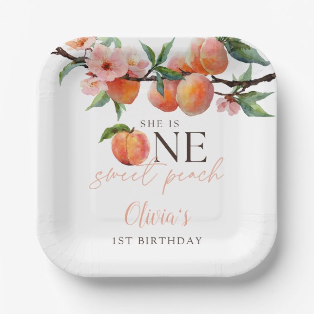 Plato De Papel Un dulce melocotón cumple un año  (Anverso)