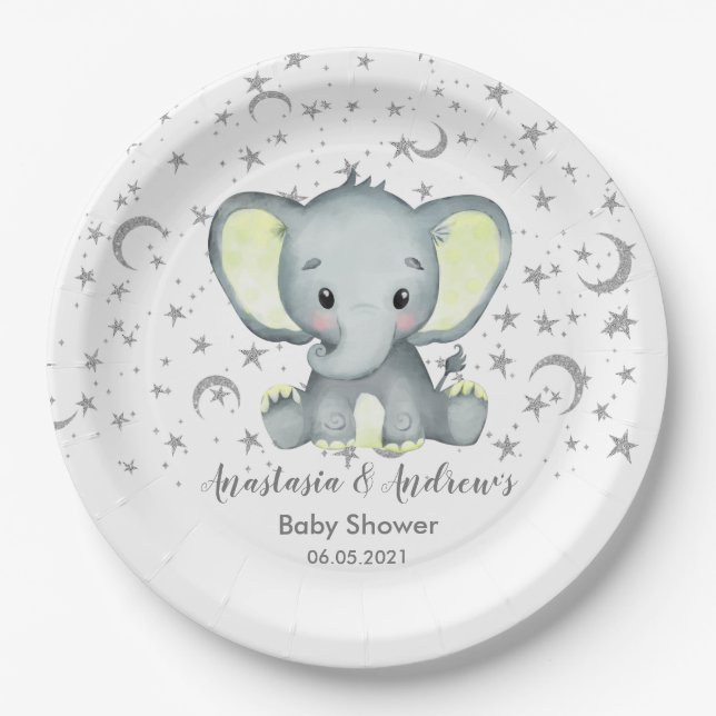 Plato De Papel Un elefante amarillo de Baby Shower suave (Anverso)
