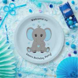 Plato De Papel Un elefante bebé lindo en azul, personalizado