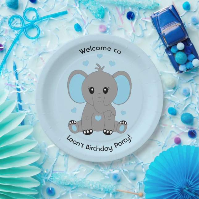 Plato De Papel Un elefante bebé lindo en azul, personalizado (Fiesta)