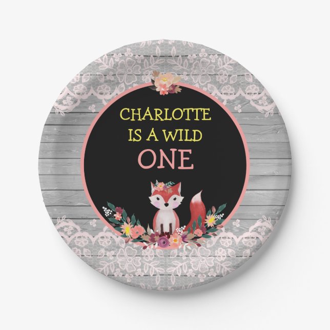 Plato De Papel UN Fox lindo salvaje del 1r cumpleaños y flores (Anverso)