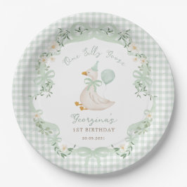 Plato De Papel Un Ganso Tonto Cumpleaños 1 Sage Verde Gingham