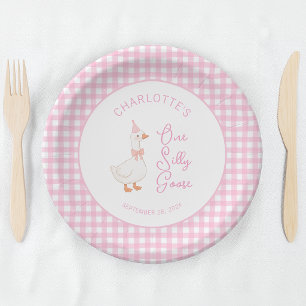 Plato De Papel Un ganso tonto de cumpleaños rosa Gingham rústico