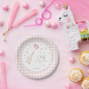 Plato De Papel Un Ganso Tonto Niñas 1er Cumpleaños Pink Gingham