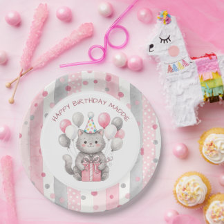 Plato De Papel Un gato caprichoso dulce con cumpleaños de niña 