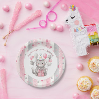 Plato De Papel Un gato caprichoso dulce con cumpleaños de niña