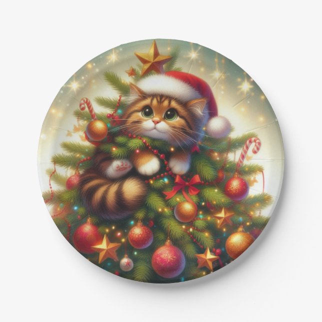 Plato De Papel Un gato malvado y lindo en el árbol de Navidad (Anverso)