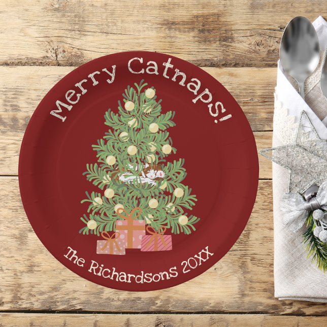 Plato De Papel ¡Un gato naranja en un árbol de la Navidad, ¡Merry (Subido por el creador)