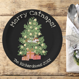 Plato De Papel ¡Un gato naranja en un árbol de la Navidad, ¡Merry