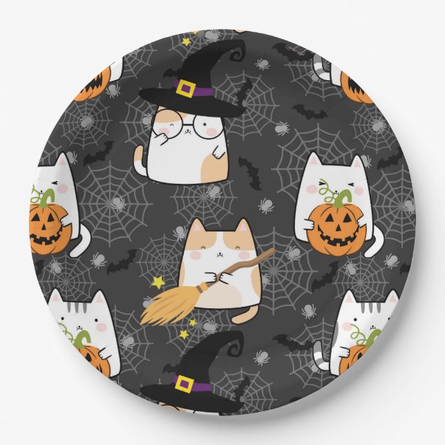 Plato De Papel Un gato Personalizado de Halloween (Anverso)