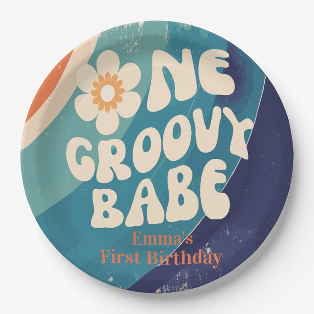 Plato De Papel UN Groovy Babe 1er cumpleaños Groovy uno (Anverso)