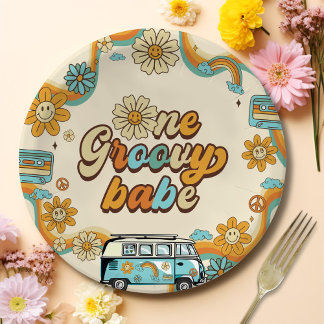 Plato De Papel Un Groovy Babe Retro Arcoiris primer cumpleaños