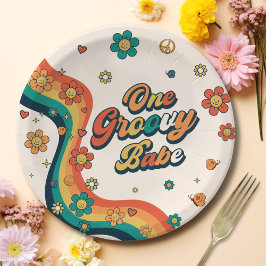 Plato De Papel Un Groovy Babe Retro Arcoiris primer cumpleaños