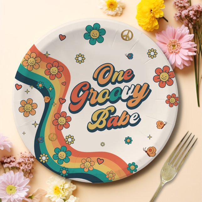 Plato De Papel Un Groovy Babe Retro Arcoiris primer cumpleaños (Subido por el creador)