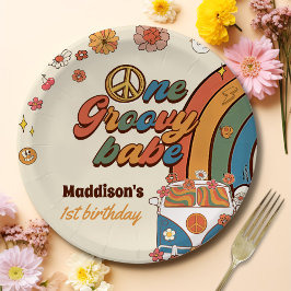 Plato De Papel Un Groovy Babe Retro Arcoiris primer cumpleaños