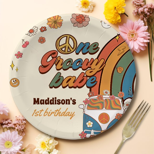 Plato De Papel Un Groovy Babe Retro Arcoiris primer cumpleaños (Subido por el creador)