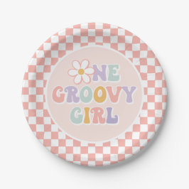 Plato De Papel Un Groovy chica Pink Daisy Checker