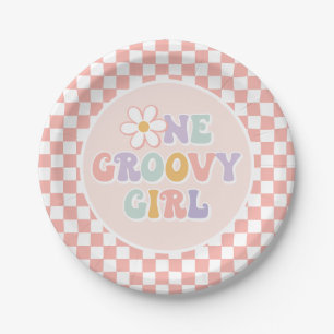 Plato De Papel Un Groovy chica Pink Daisy Checker