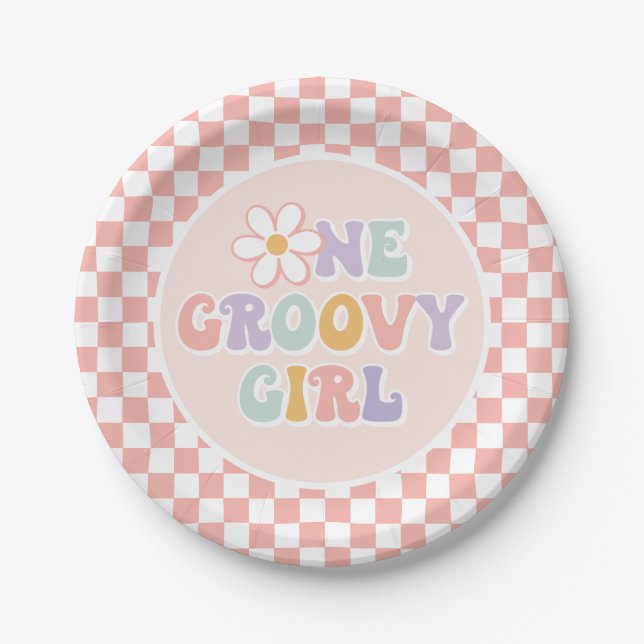 Plato De Papel Un Groovy chica Pink Daisy Checker (Anverso)