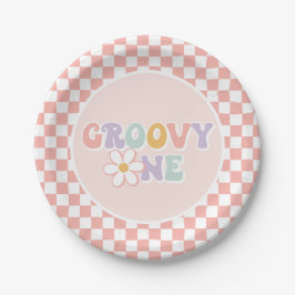 Plato De Papel Un Groovy chica Pink Daisy Checker
