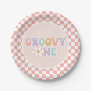 Plato De Papel Un Groovy chica Pink Daisy Checker