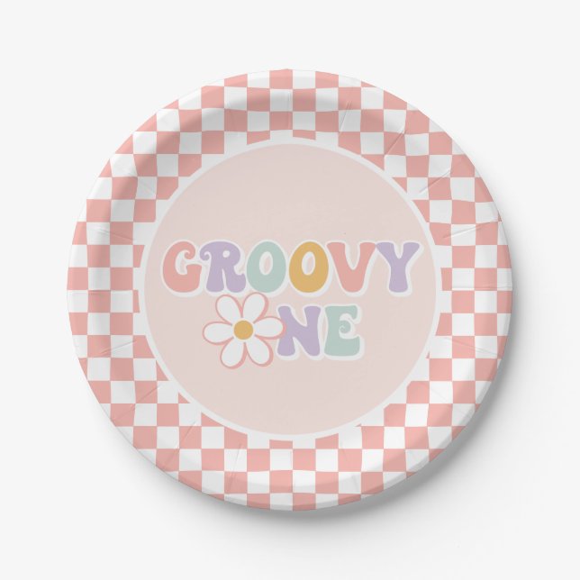 Plato De Papel Un Groovy chica Pink Daisy Checker (Anverso)