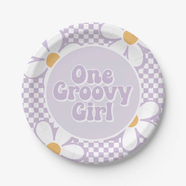 Plato De Papel Un Groovy Chica Purple Daisy Checker (Anverso)