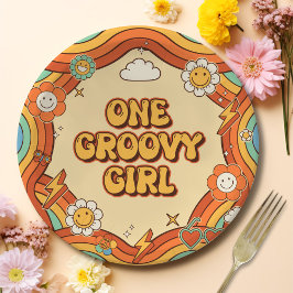 Plato De Papel Un Groovy Chica retro arcoiris primer Fiesta de cu