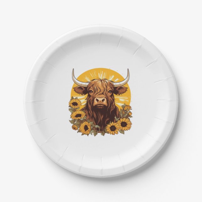 Plato De Papel Un Ilustracion de vaca de Highland con Sunflowers  (Anverso)