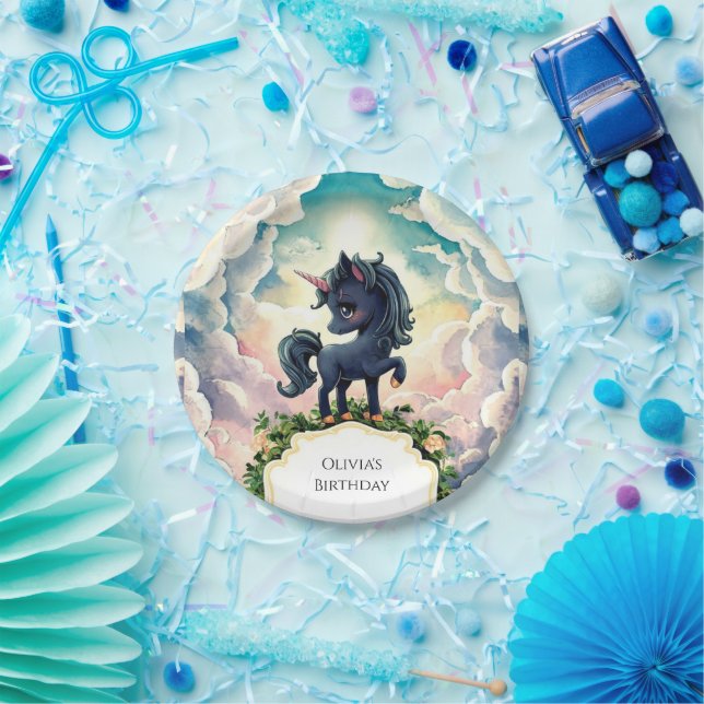 Plato De Papel Un lindo cumpleaños negro de unicornio (Fiesta)
