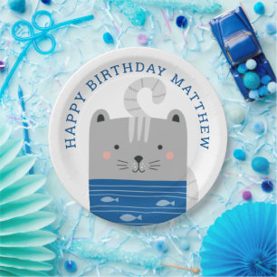 Plato De Papel Un lindo gato gracioso. Niños/cumpleaños de bebé