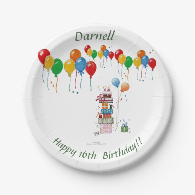 Plato De Papel Un mosaico de regalos y muchos globos de colores (Anverso)