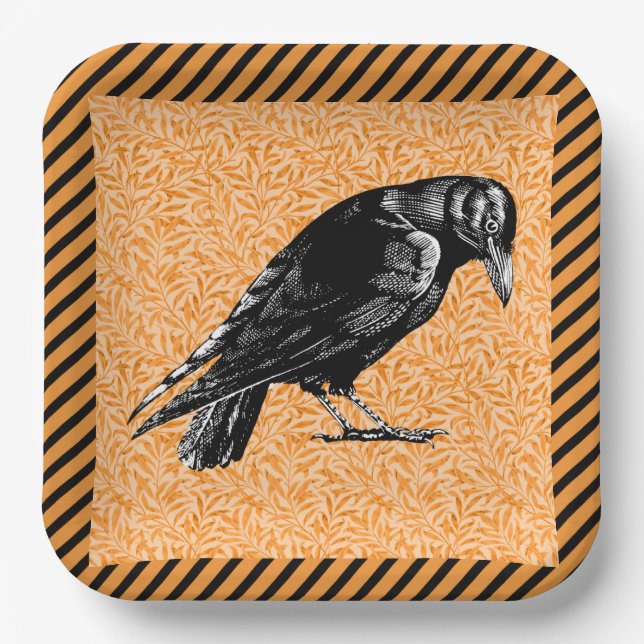Plato De Papel Un Naranja de Halloween de cuerdas o raven y negro (Anverso)