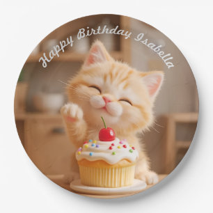 Plato De Papel Un Naranja gatito lindo con un pastel
