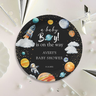 Plato De Papel Un Niño Está En Camino Fiesta Espacial De Bienveni