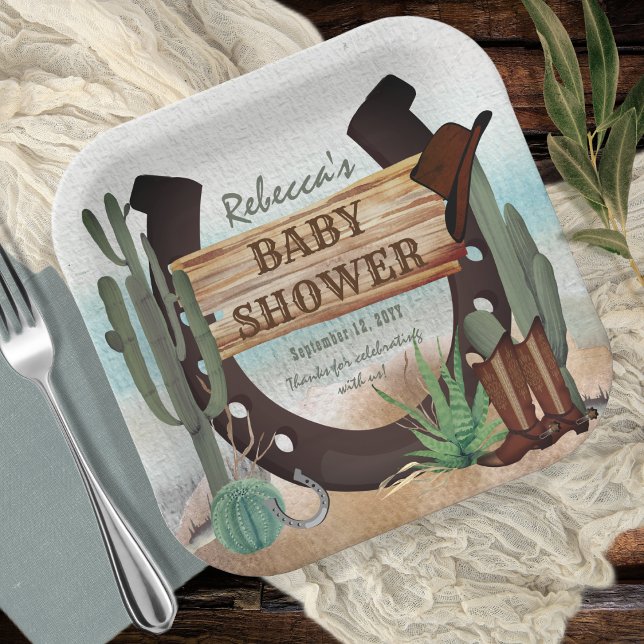 Plato De Papel Un niño pequeño niño occidental Baby Shower (A Little Cowboy Rustic Western Horseshoe Boy Baby Shower Paper Plates)