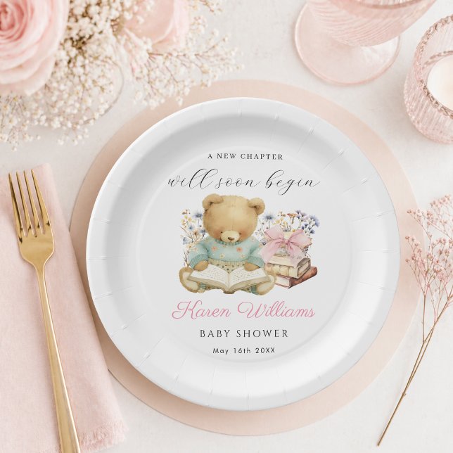 Plato De Papel Un Nuevo Capítulo Comienza Oso y Libros (Elegant "A new chapter will soon begin" Baby Shower girl paper plates)