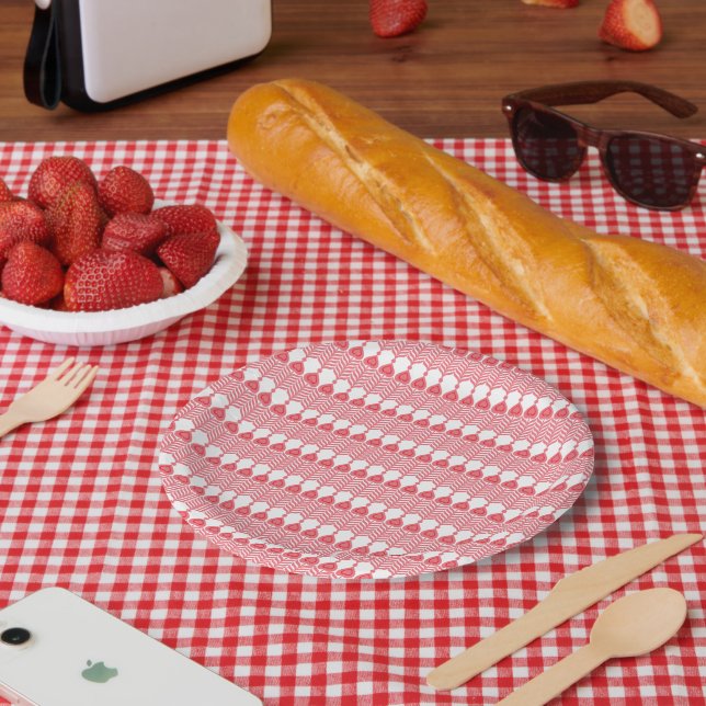 Plato De Papel Un patrón geométrico rojo y rosa que presenta inte (Picnic)