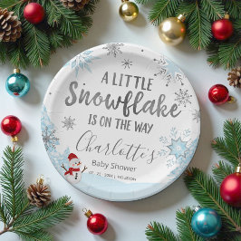 Plato De Papel Un pequeño Baby Shower azul con copo de nieve