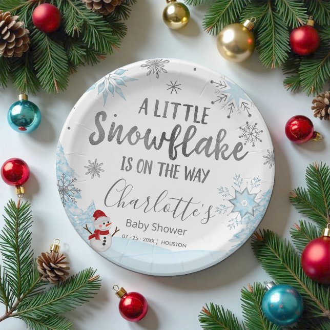 Plato De Papel Un pequeño Baby Shower azul con copo de nieve (Subido por el creador)