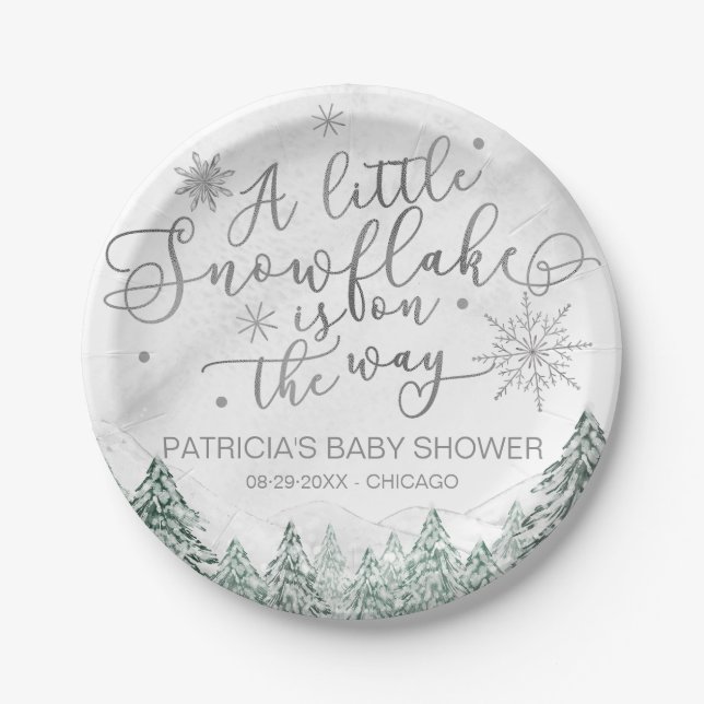 Plato De Papel Un pequeño Baby Shower gris de copo de nieve (Anverso)