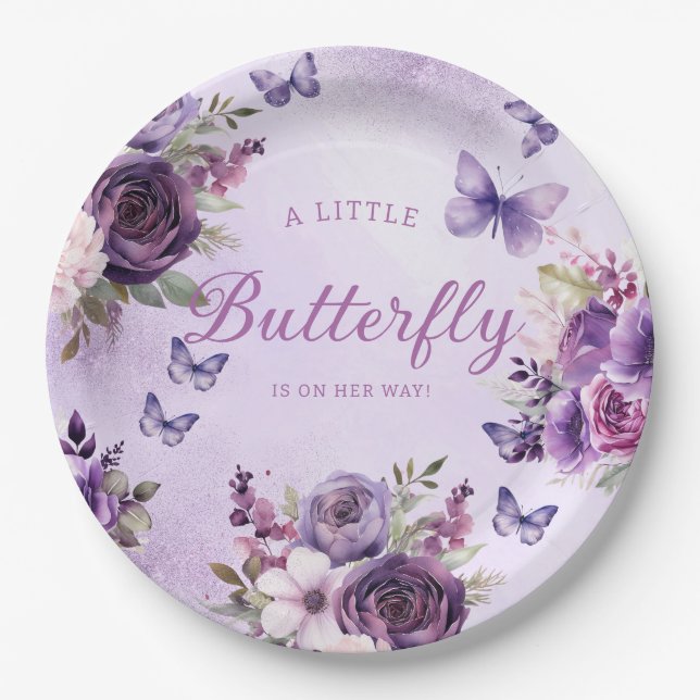Plato De Papel Un pequeño chica morado de mariposa floral Baby Sh (Anverso)