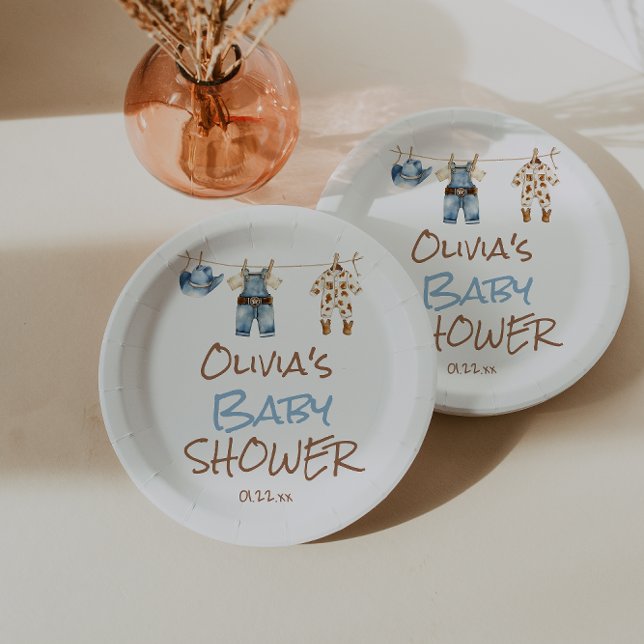 Plato De Papel Un pequeño Cowboy Blue Brown Clothesline Baby Show (Subido por el creador)