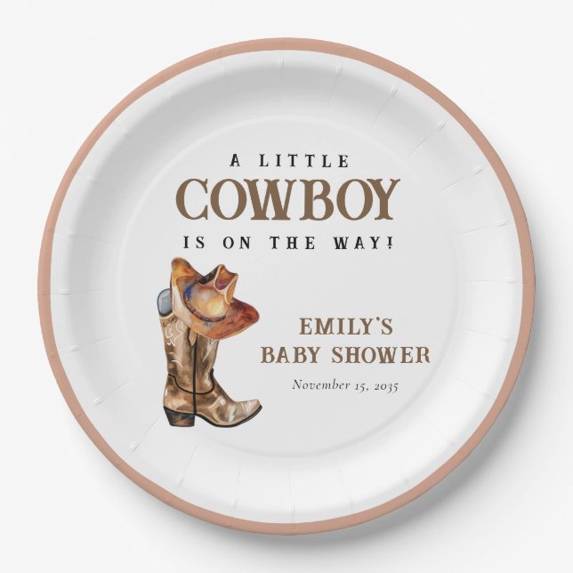 Plato De Papel Un pequeño Cowboy Western Baby Shower (Anverso)