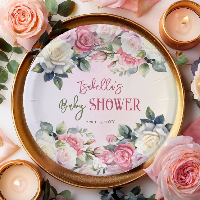 Plato De Papel Un pequeño Rosa Chica floral Baby Shower (Pink Rose Floral Bouquets Girl Baby Shower Large Round Paper Plates -- A Little Rose Collection)