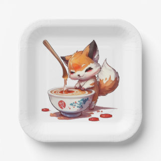 Plato De Papel Un pequeño zorro hambriento esperando el Ramen jap