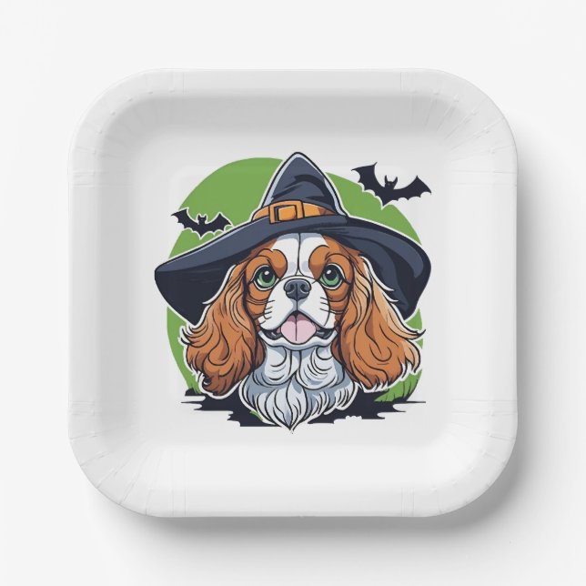 Plato De Papel Un perro que lleva un sombrero de brujas con murci (Anverso)