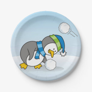 Plato De Papel Un pingüino con una bola de nieve